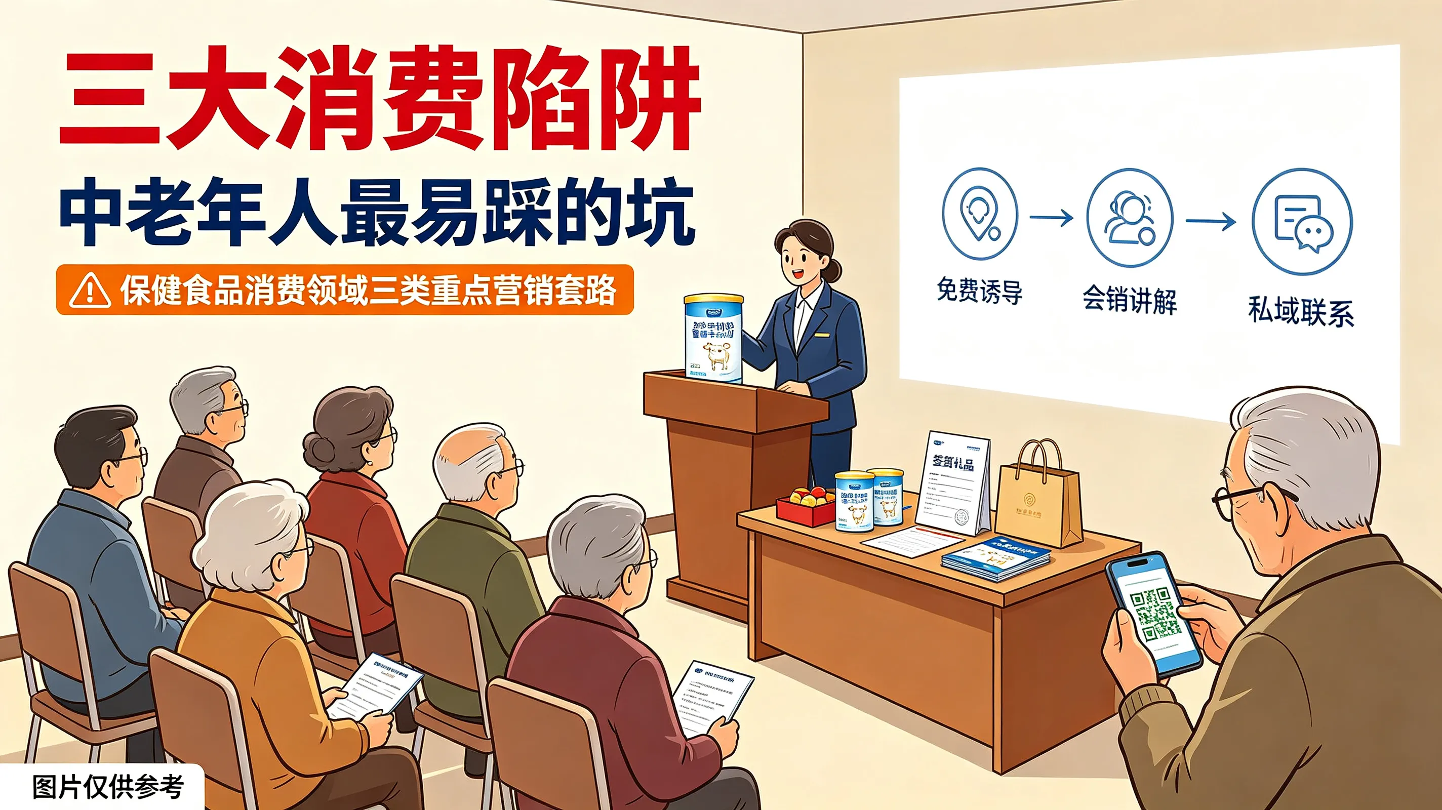 中老年人参加免费健康讲座被推销高价羊奶粉的场景