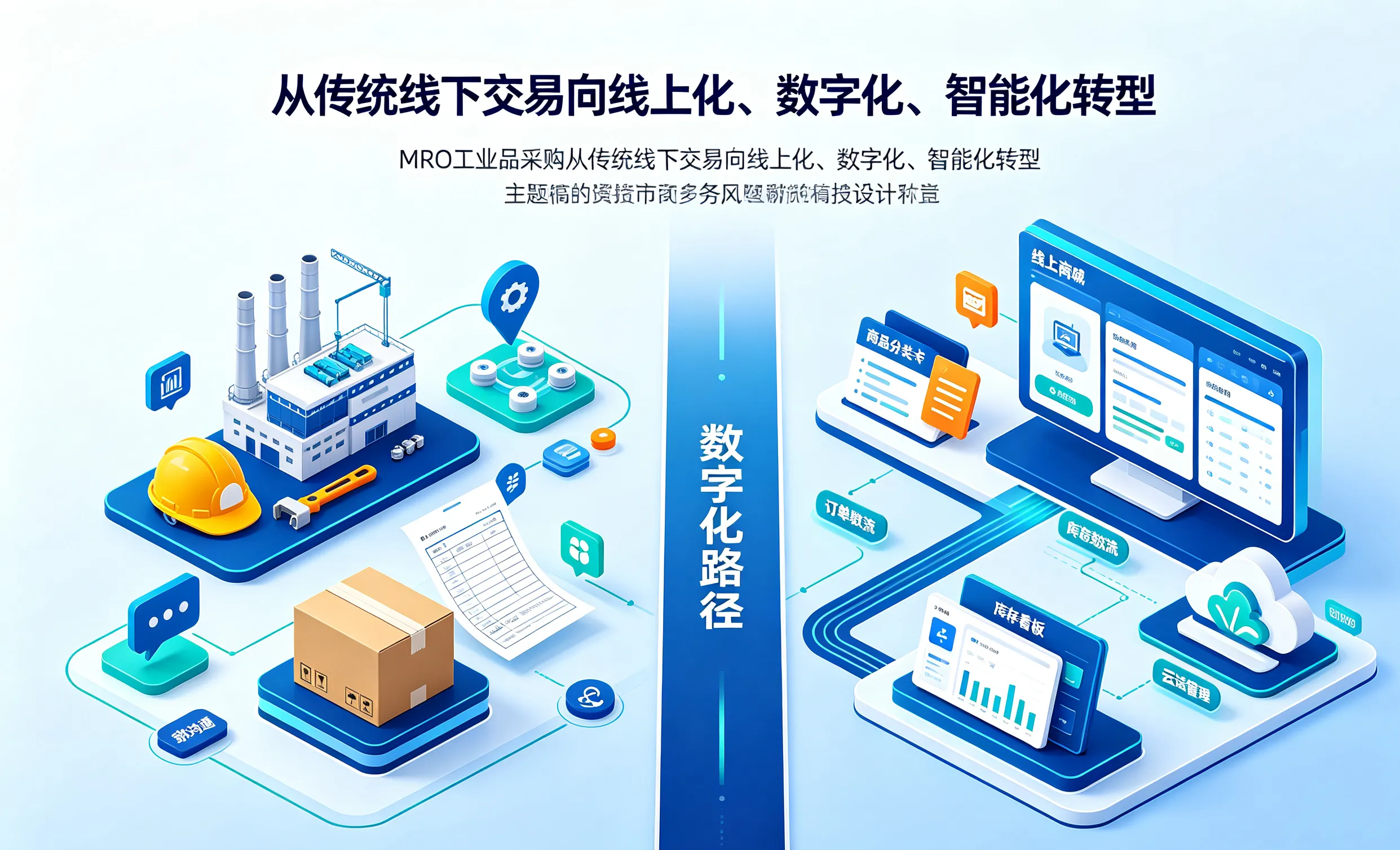 MRO工业品采购从传统线下交易向线上化、数字化、智能化转型示意图